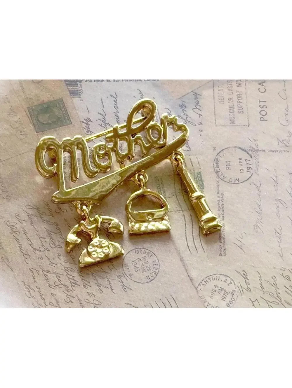Vintage Mother Charm Brooch with Telephone Handbag & Scroll Dangles